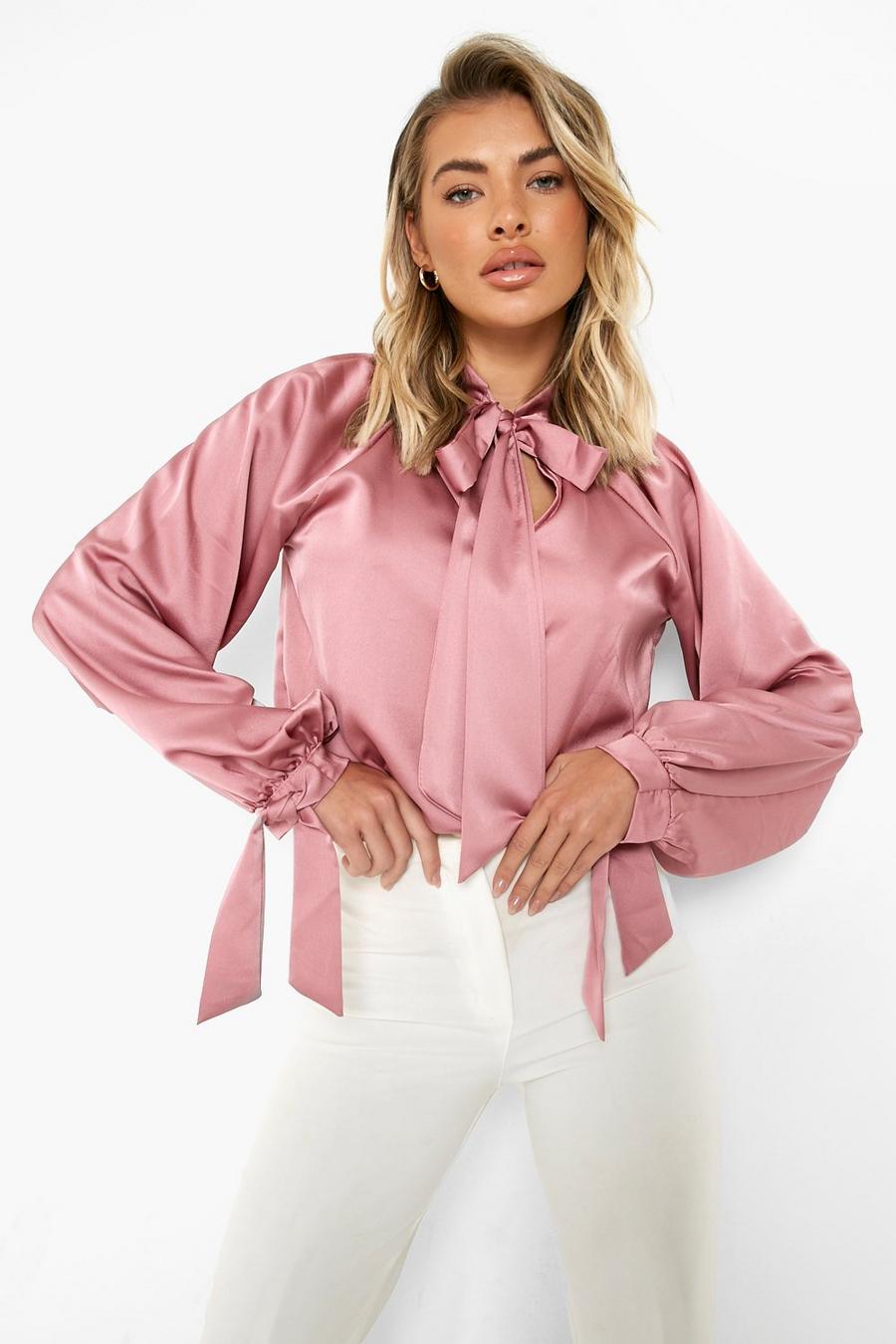 Mauve violet Satin Pleat Front Balloon Sleeve Blouse image number 1