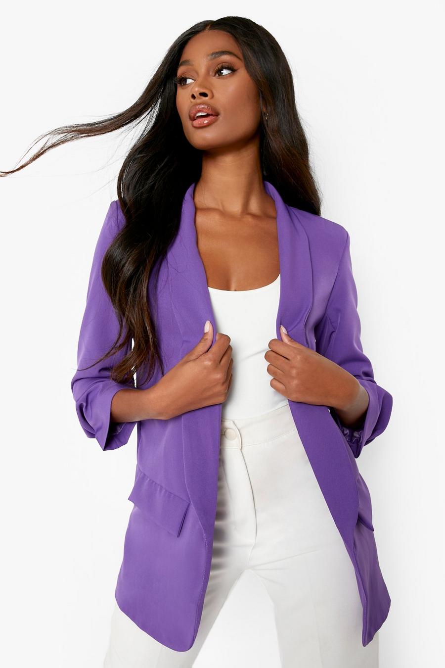 Purple Color Pop Ruched Sleeve Tailored Blazer image number 1
