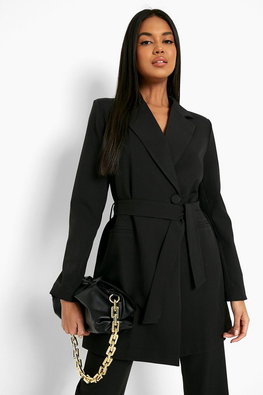 Black Asymmetric Belted Tailored Longline Blazer image number 1