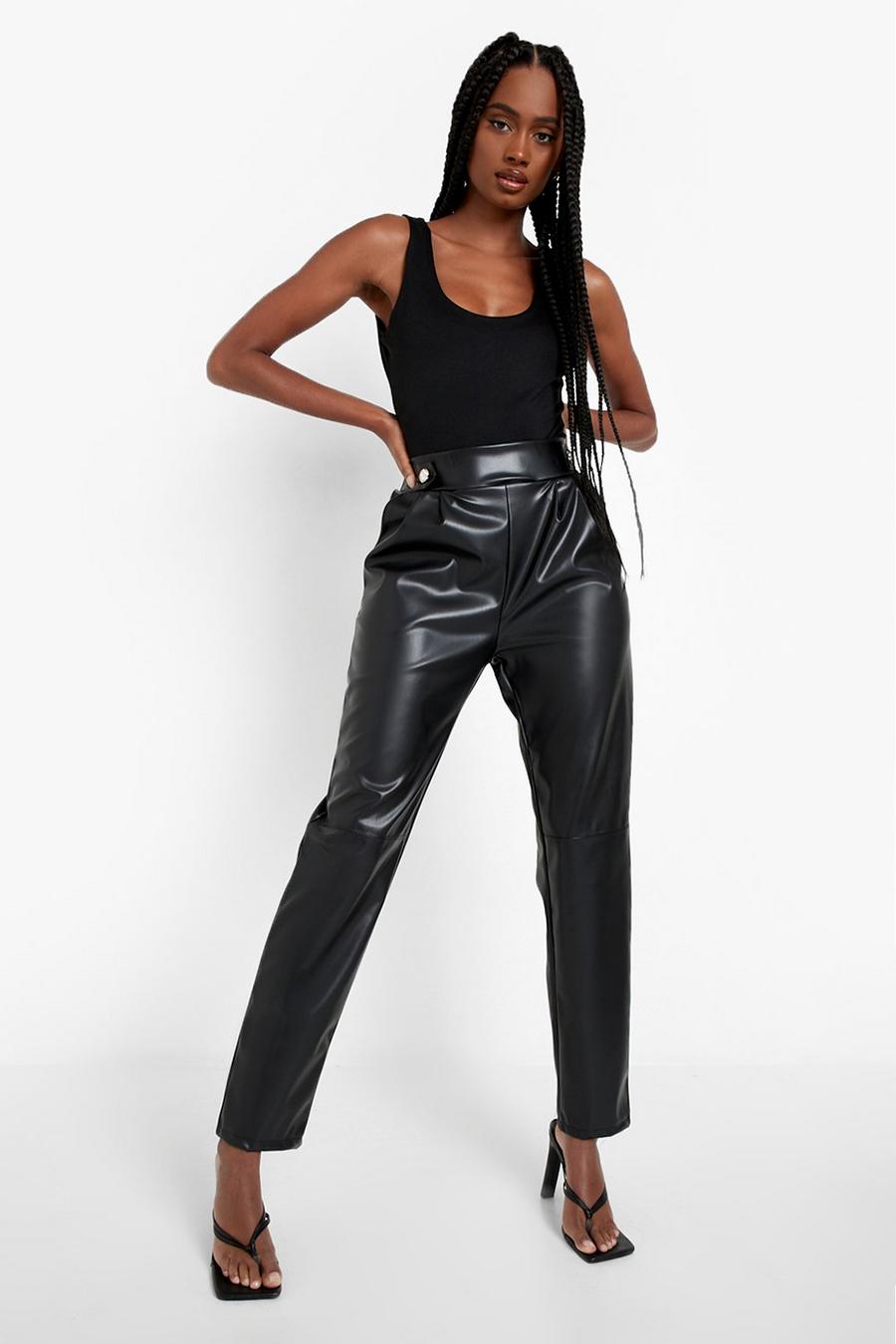 Black Faux Leather Gold Button Straight Leg Pants image number 1