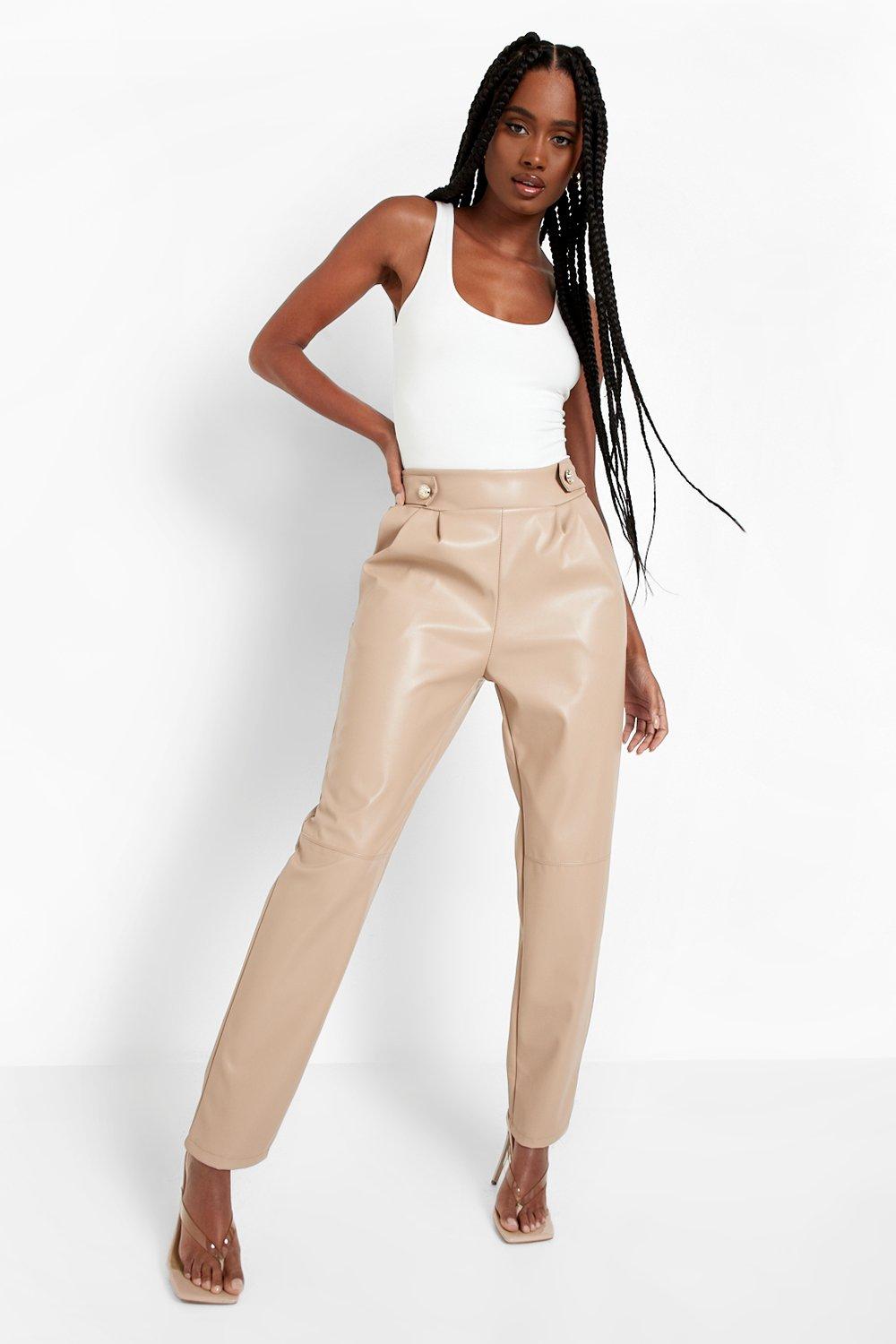 Beige Straight Leg Faux Leather Trousers