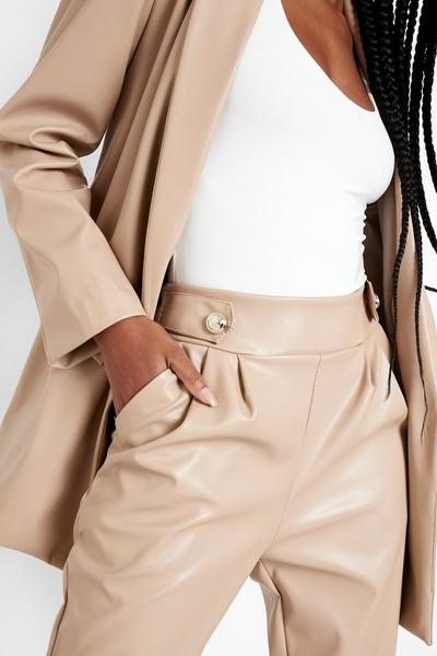 boohoo camel Leather Look Gold Button Straight Leg Trouser