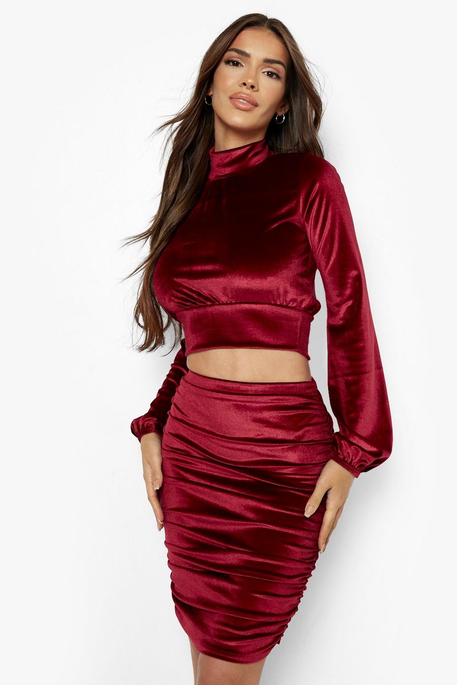 Berry Velvet Balloon Sleeve Crop & Ruched Mini image number 1