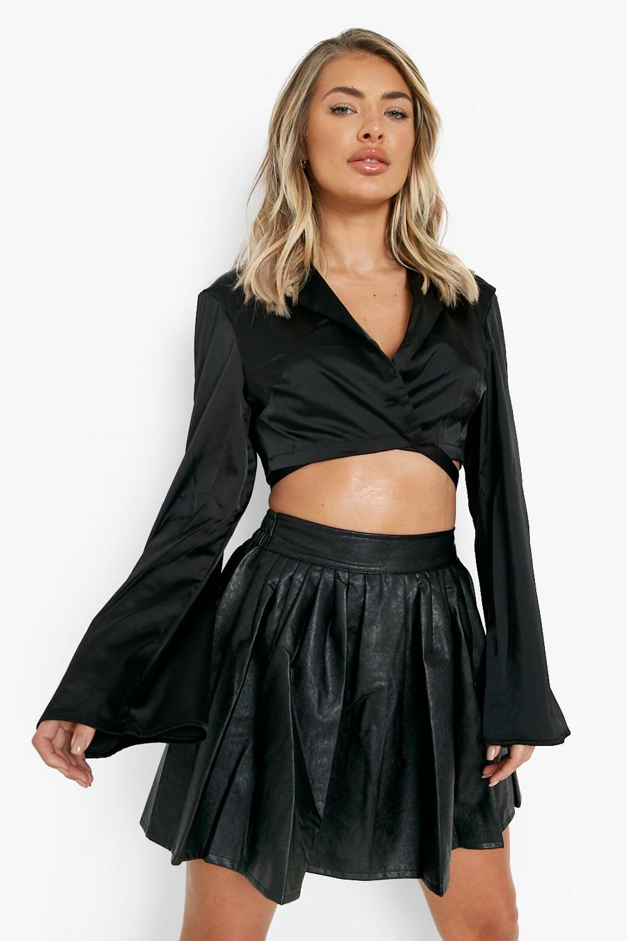 Black svart Faux Leather Skater Skirt