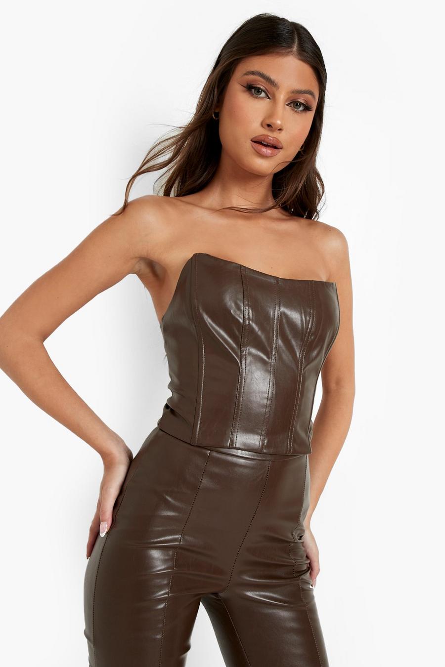 Chocolate brown Panelled Leather Look Corset