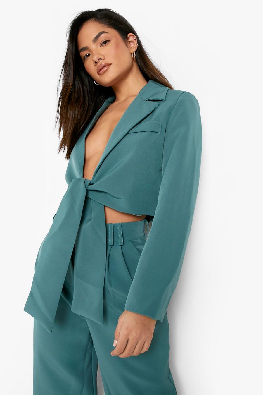 Teal Tie Front Woven Crop Blazer image number 1