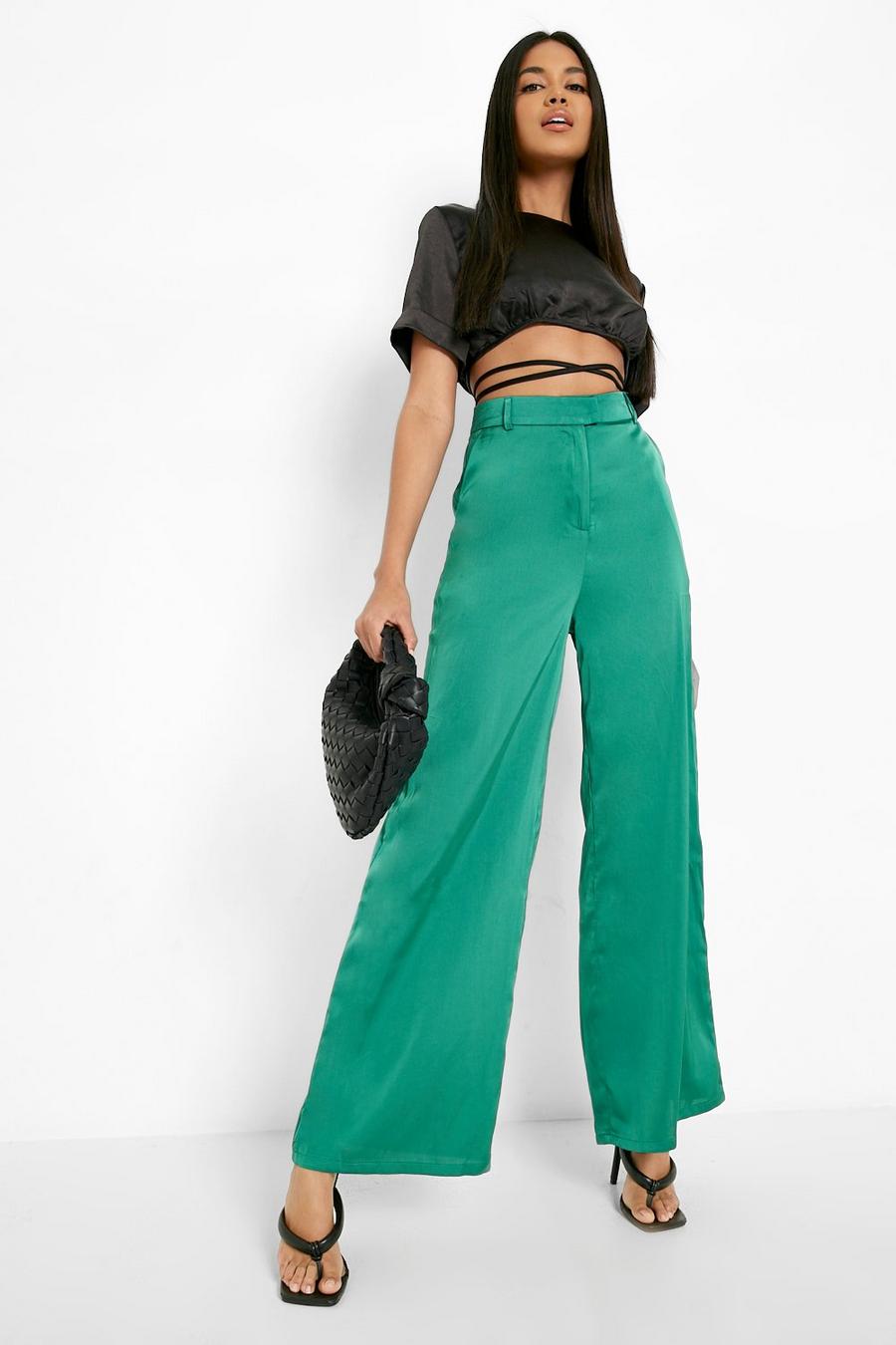 Green Satin Wide Leg Trousers image number 1