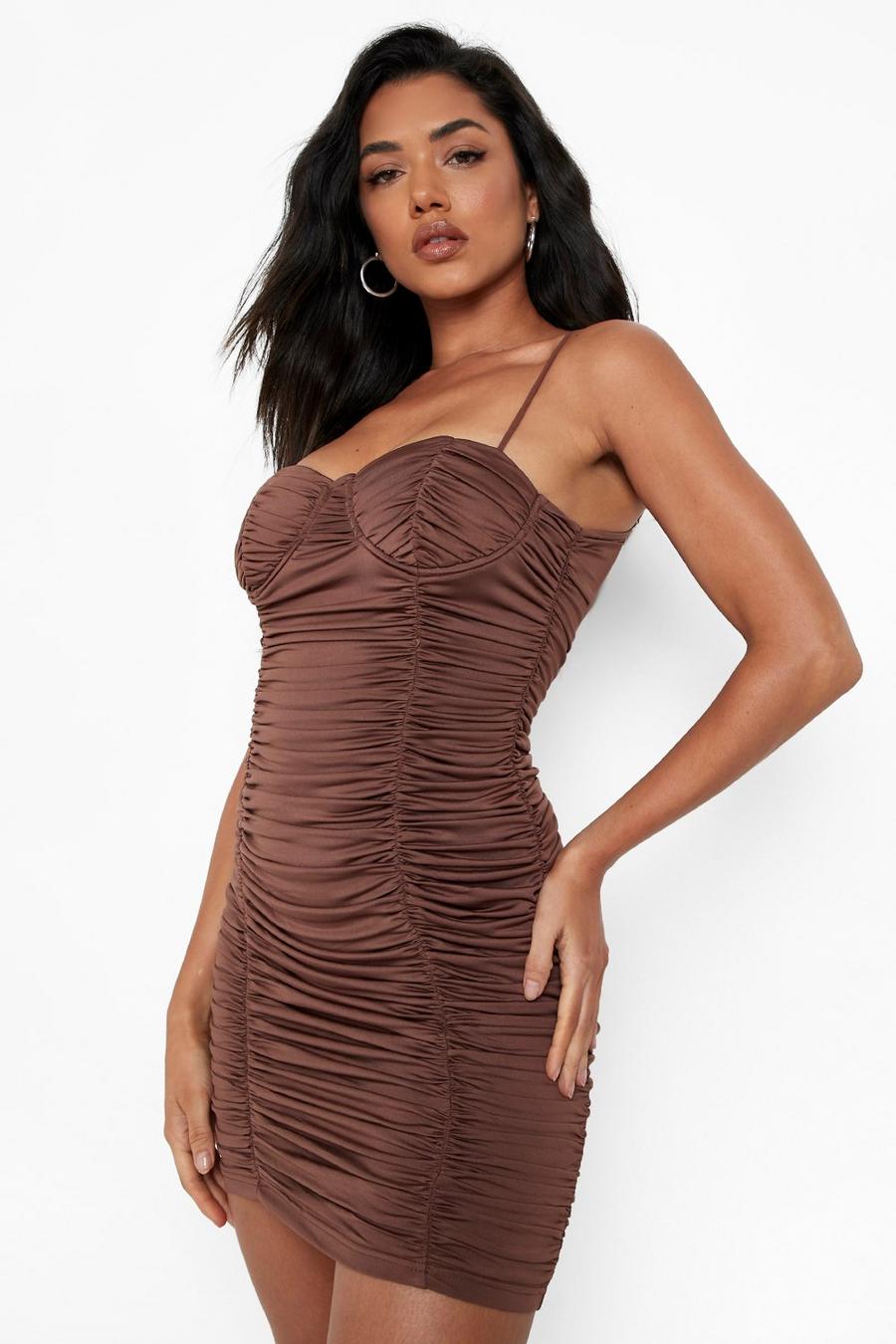 Chocolate brown All Over Ruched Strappy Mini Dress