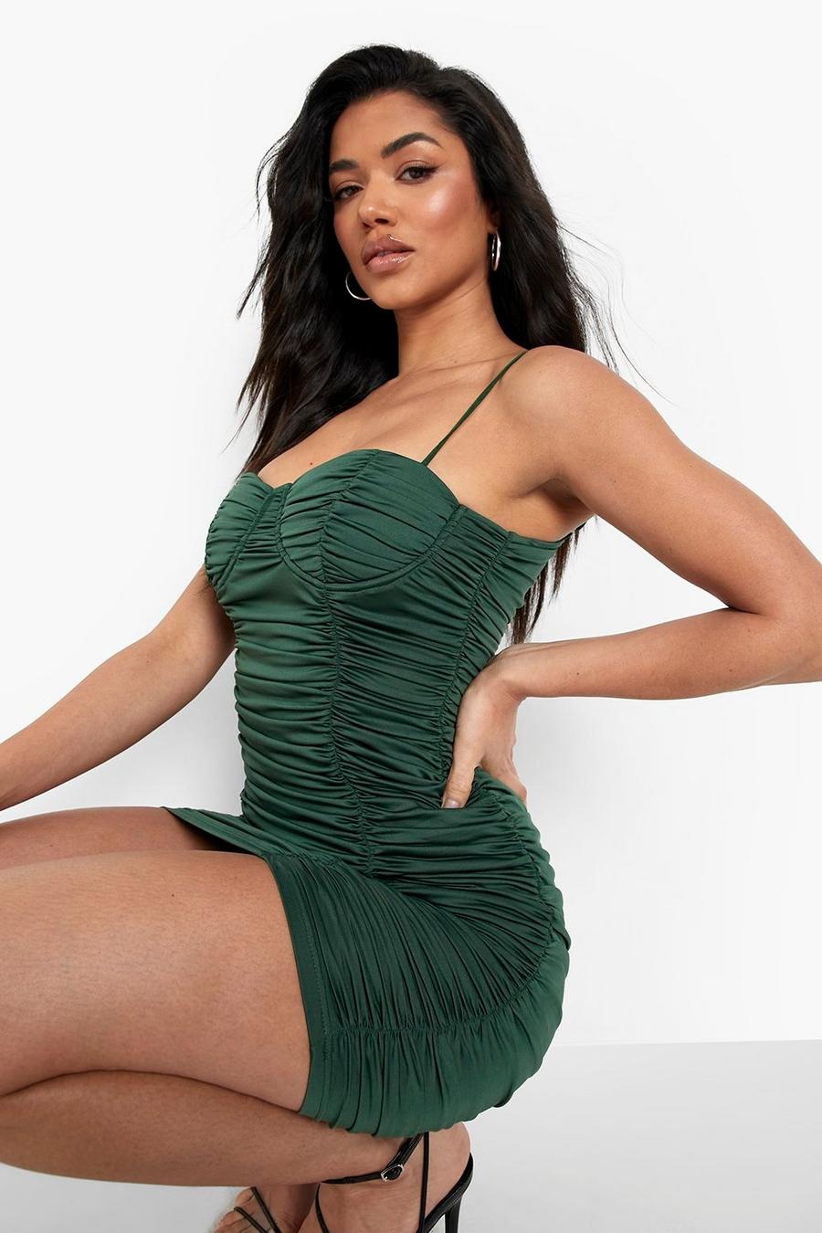 Emerald All Over Ruched Strappy Mini Dress image number 1