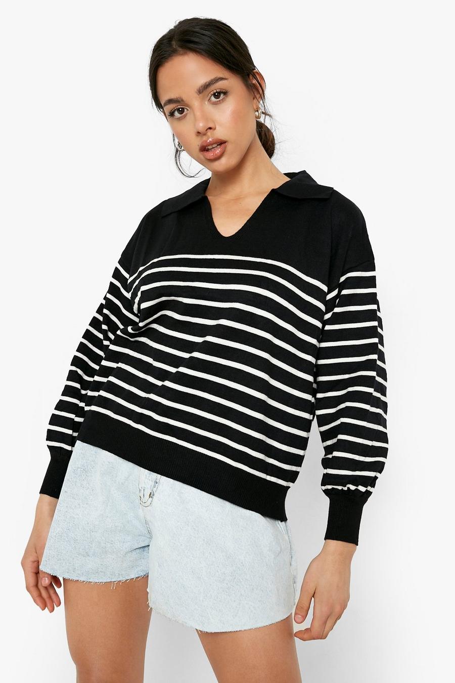 Black Grandad Collar Stripe Oversized Sweater image number 1