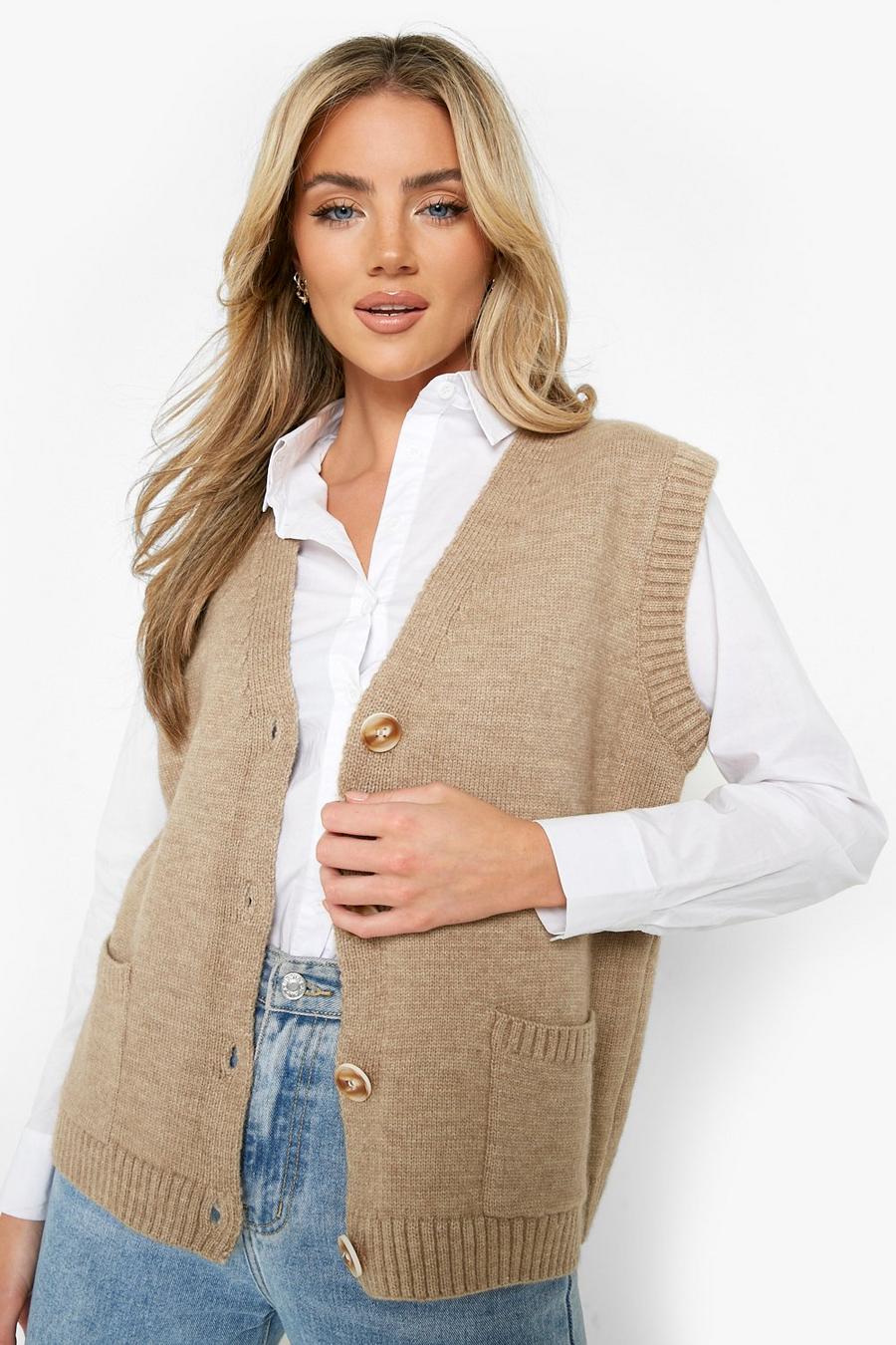 Camel beige Slouchy Oversized Sleeveless Sweater Vest image number 1