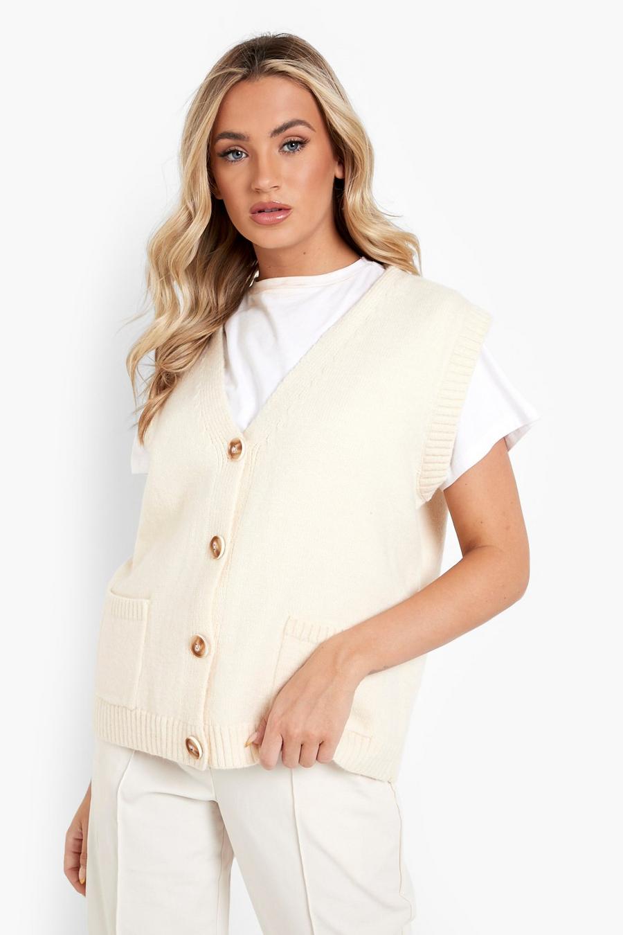 Cream Slouchy Oversized Sleeveless Sweater Vest image number 1