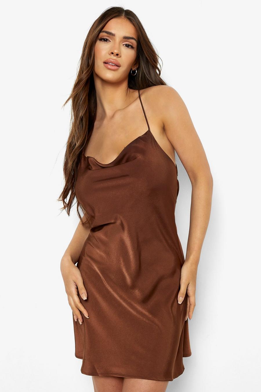 Chocolate Satin Strappy Slip Dress image number 1