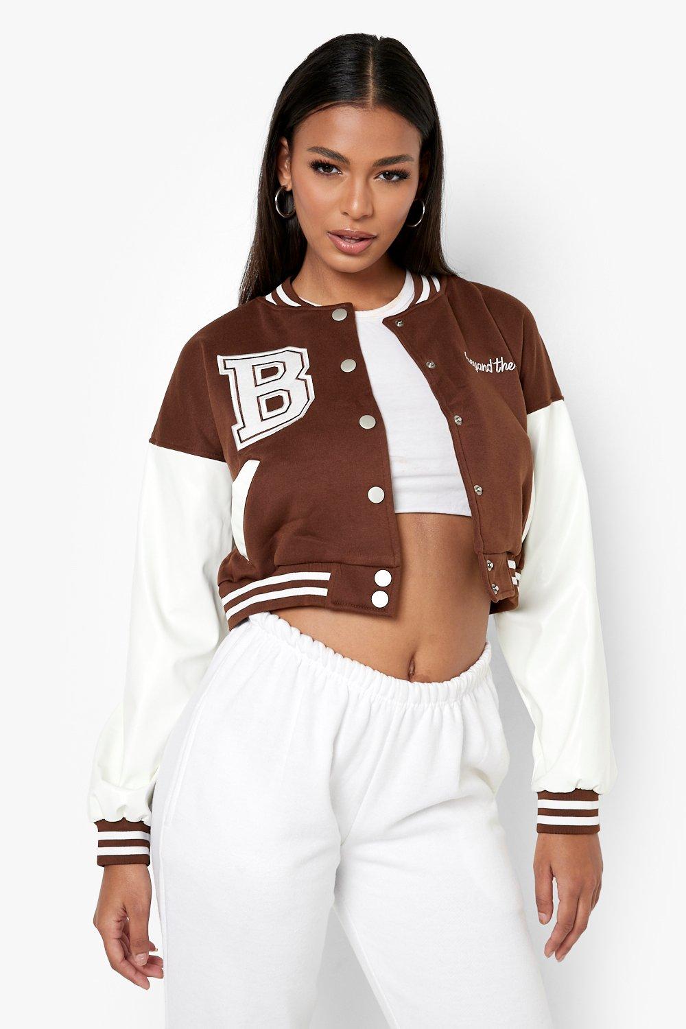 Varsity Bomber Jacket - Embroidered Letterman Jacket, Brown