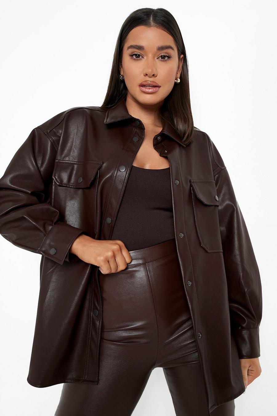 Chocolate Faux Leather Shacket image number 1