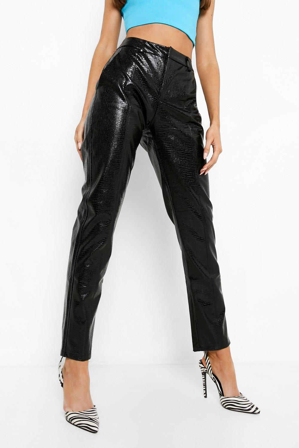 Pieces faux leather high waisted straight leg trousers in black