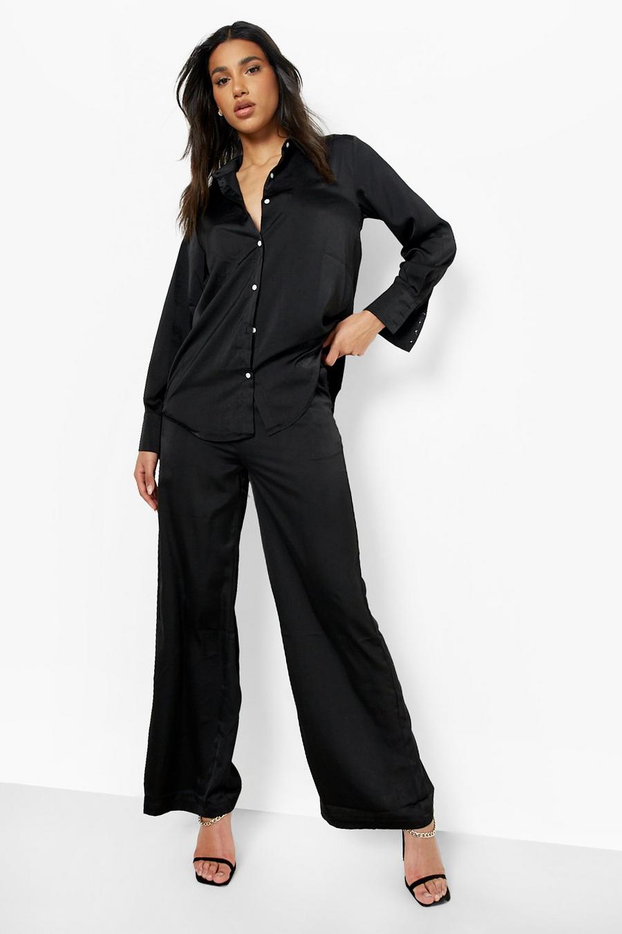 Pantalón oversize de raso y pernera ancha, Black image number 1