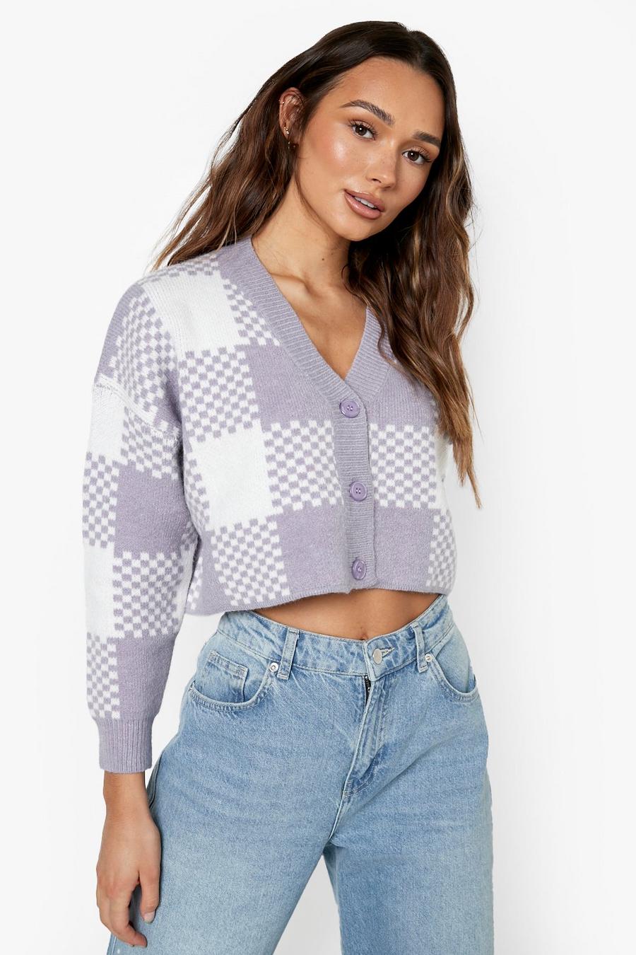 Lilac Premium Mixed Check Heavyweight Cardigan image number 1