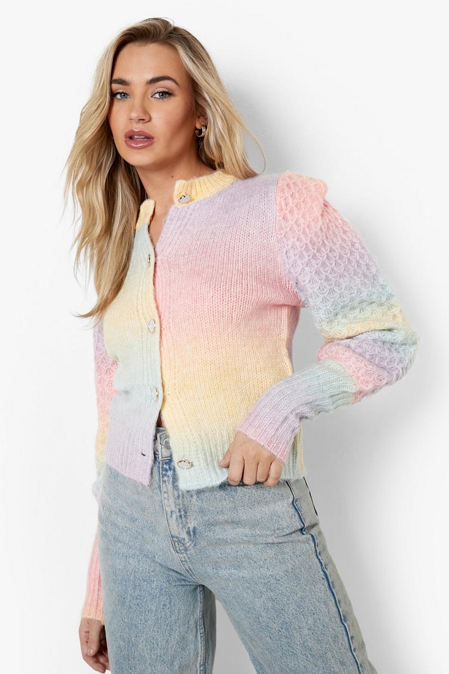 Pink Ombre Balloon Sleeve Pearl Button Cardigan image number 1