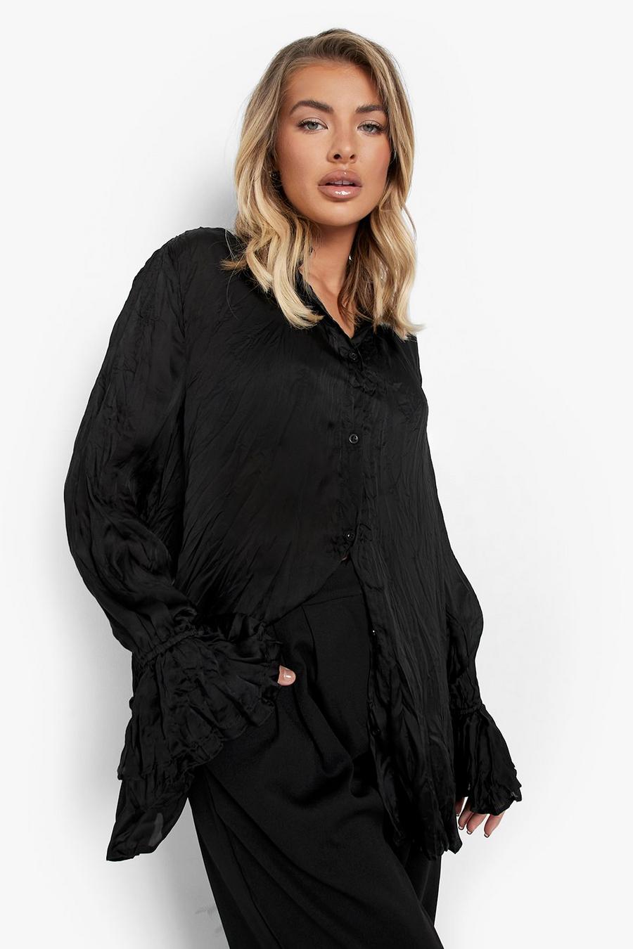 Black Crinkle Satin Relaxed Fit Shirt image number 1