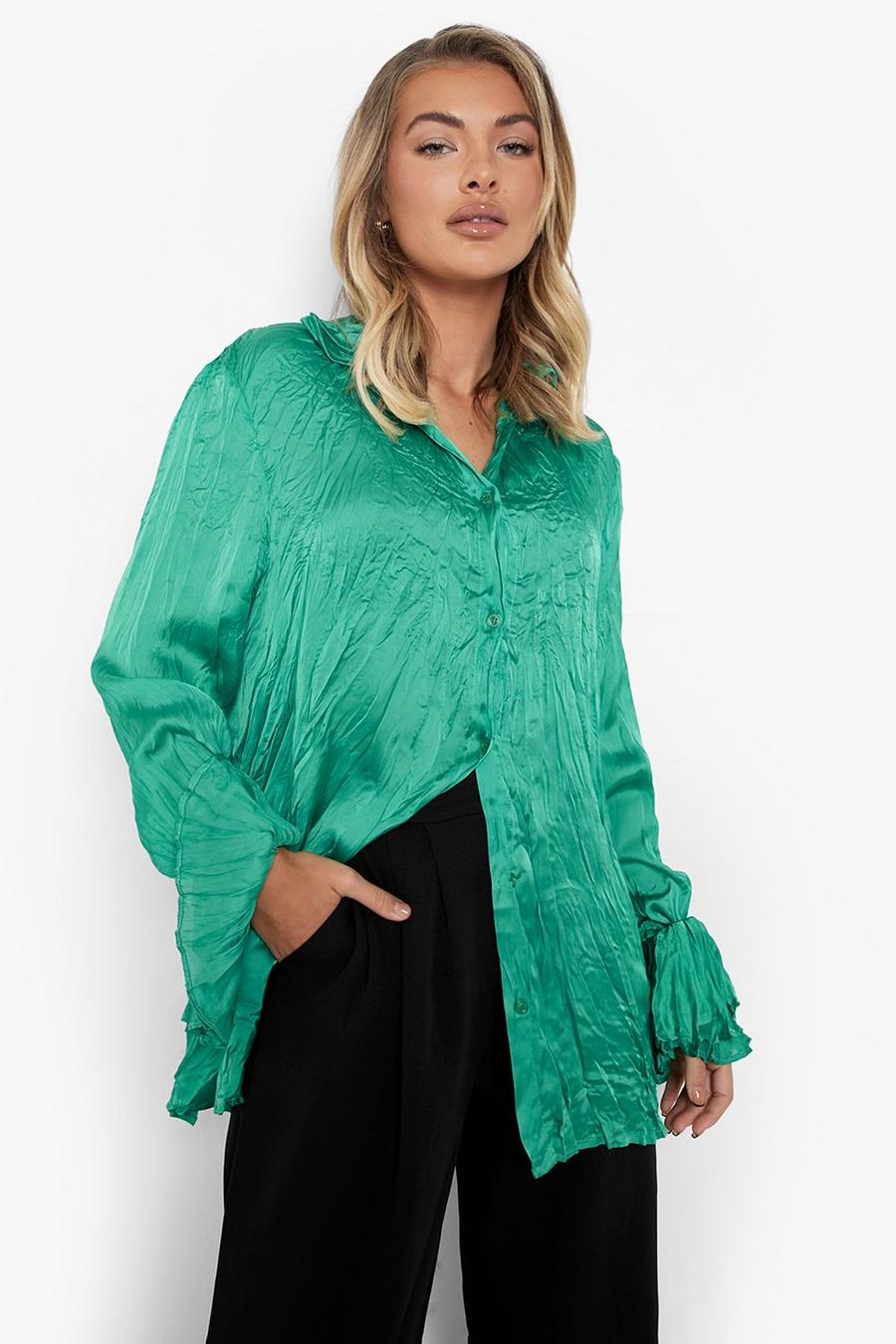 Bright green Crinkle Satin Relaxed Fit Shirt image number 1