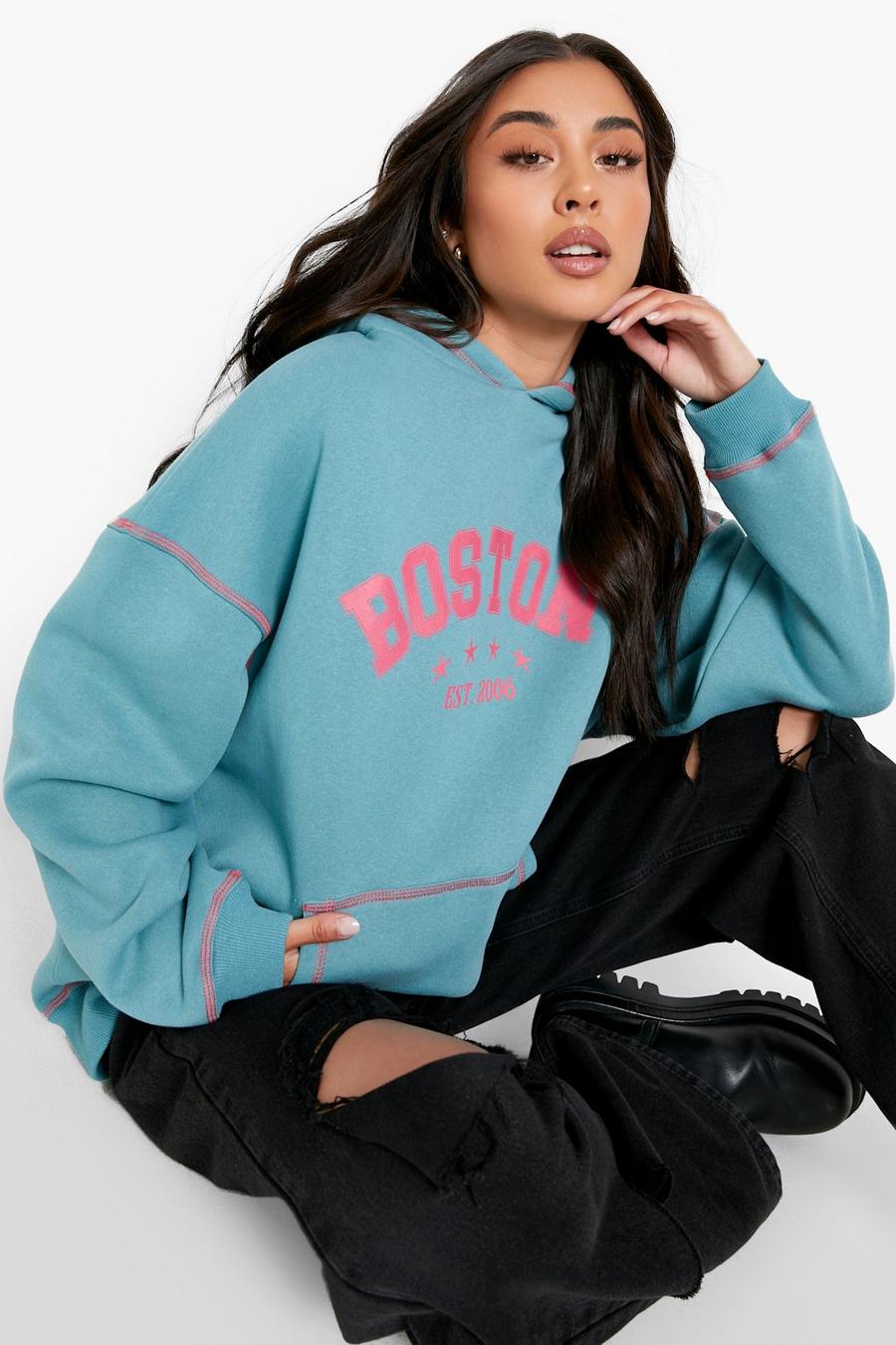 Teal Contrast Stitch Boston Oversized Hoodie image number 1