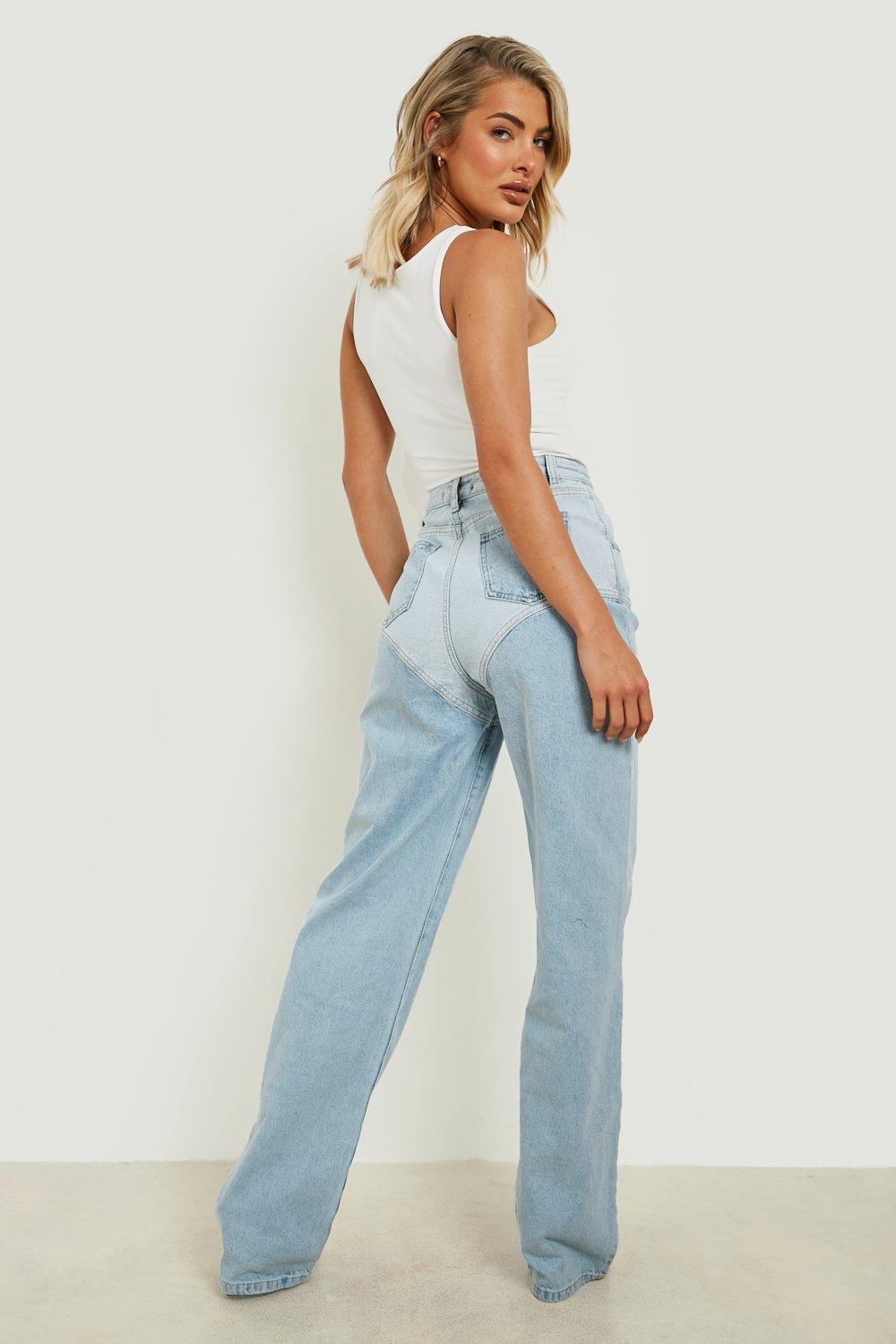 Boohoo Denim High Waist Panelled Straight Fit Jeans in Light Wash Blue Womens Jeans Boohoo Jeans 