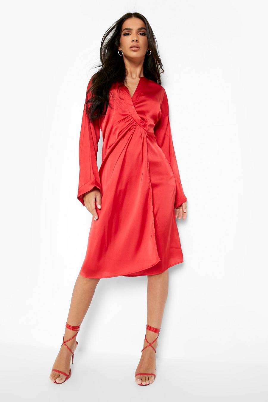 אדום שמלת מידי סאטן ללא צווארון עם פיתול image number 1