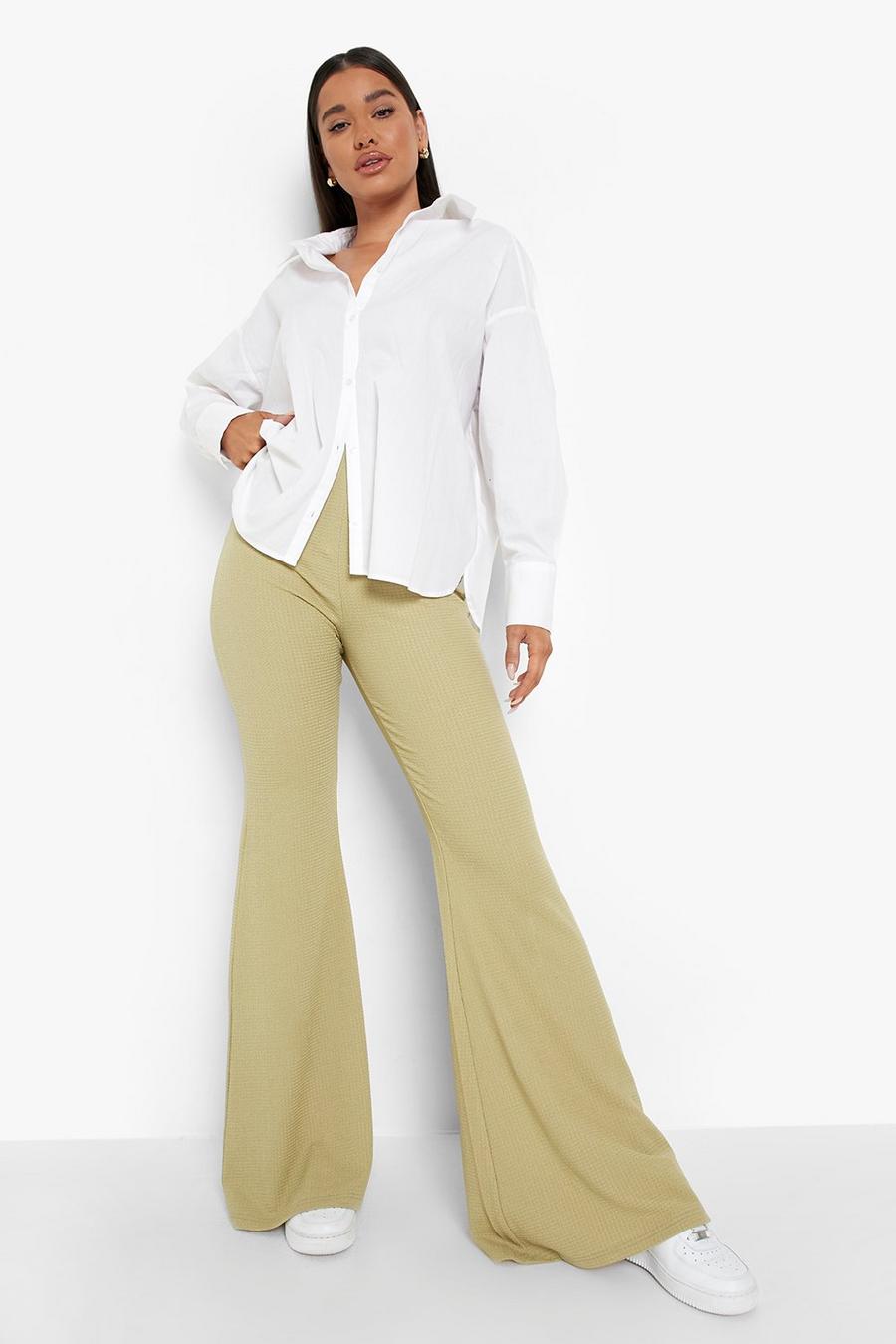Olive vert Woven Crinkle High Waisted Flared Trousers