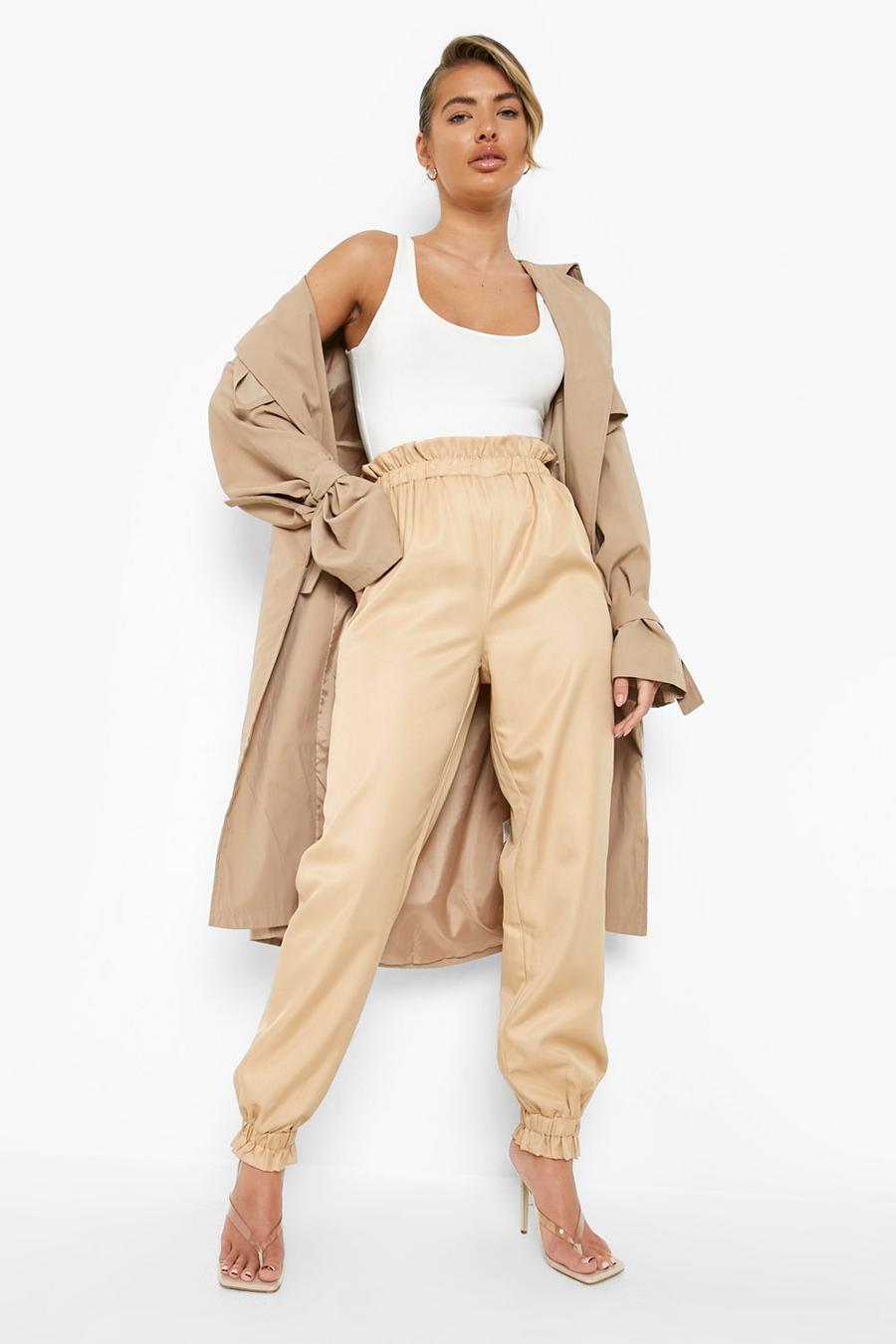 Beige Ruched Waistband Woven Track Pants Pants image number 1