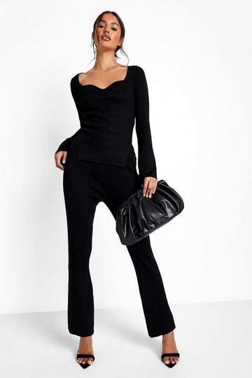 Black Rib Knitted Relaxed Wide Leg Set