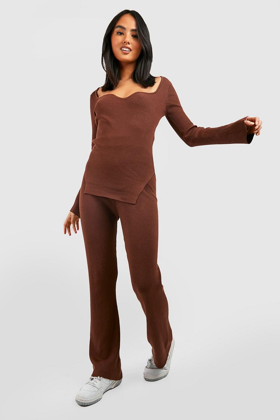 Chocolate brown Rib Knitted Relaxed Wide Leg Set image number 1