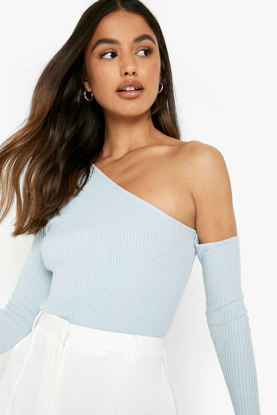 Baby blue Asymmetric Neckline Rib Knitted Jumper image number 1