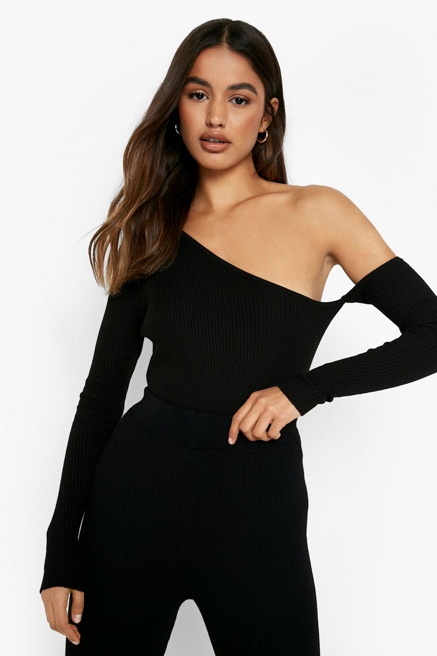 Black Asymmetric Neckline Rib Knitted Sweater image number 1