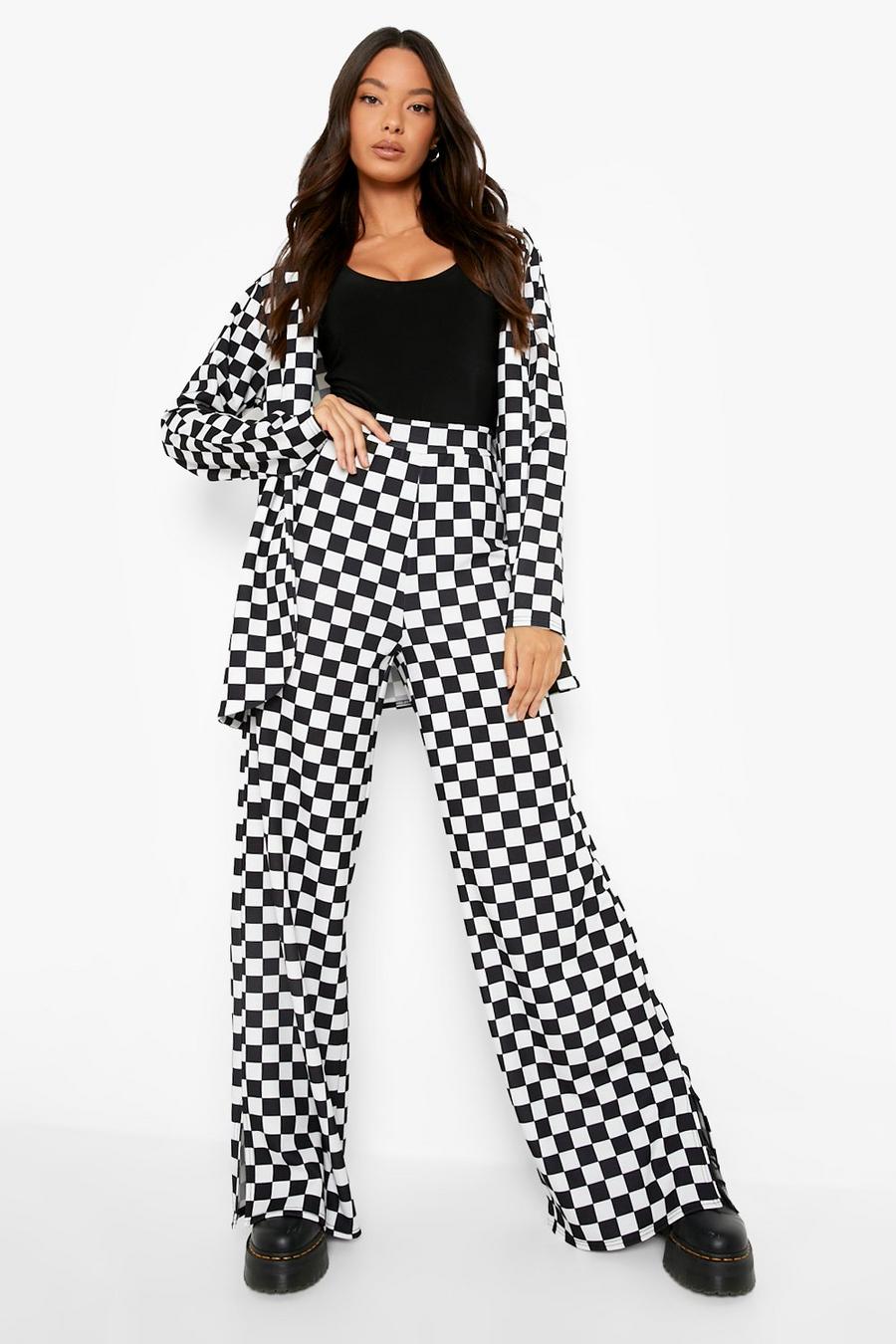 Black Checkerboard Split Side Wide Leg Trousers image number 1