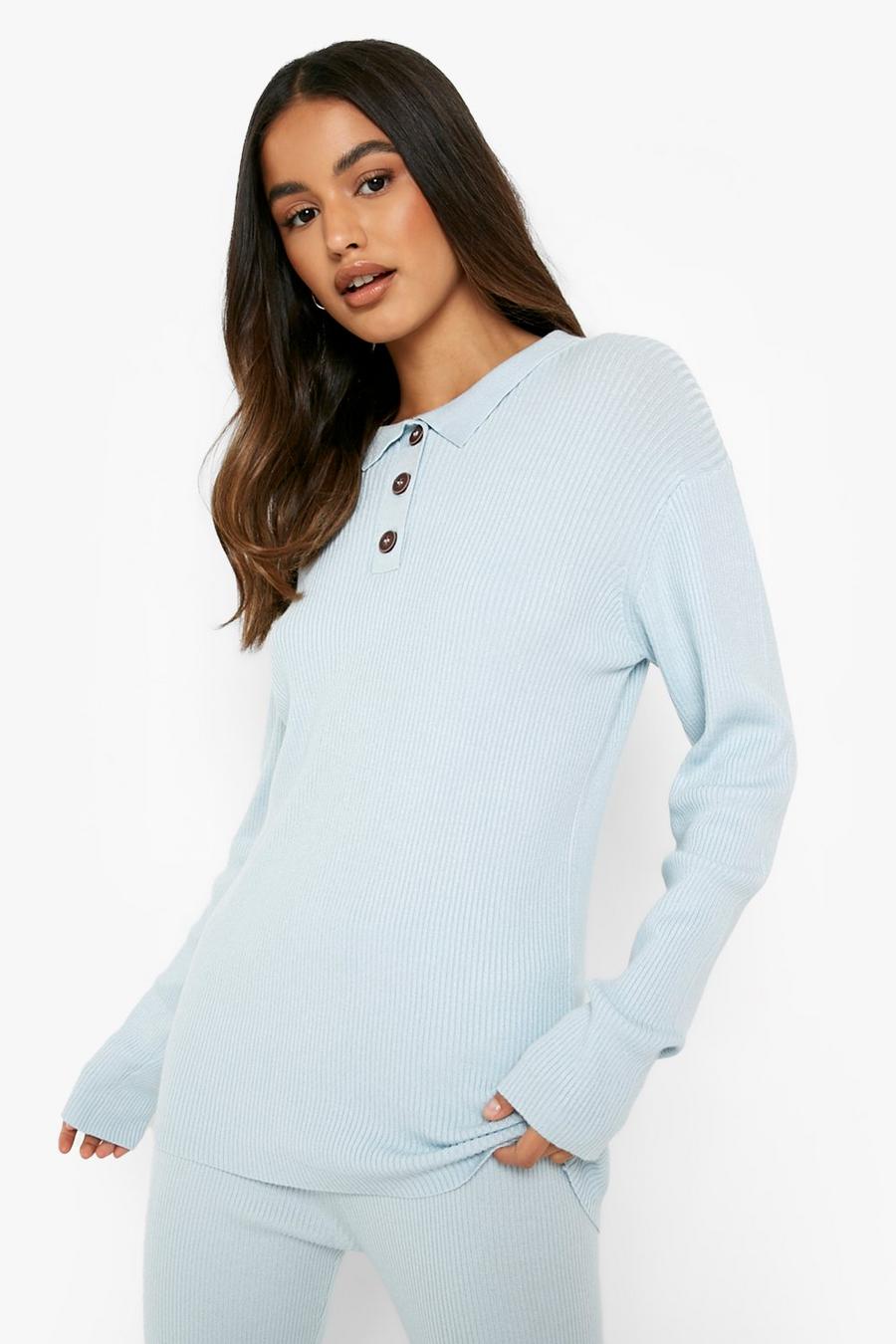 Baby blue Rib Knit Polo Collar Sweater image number 1