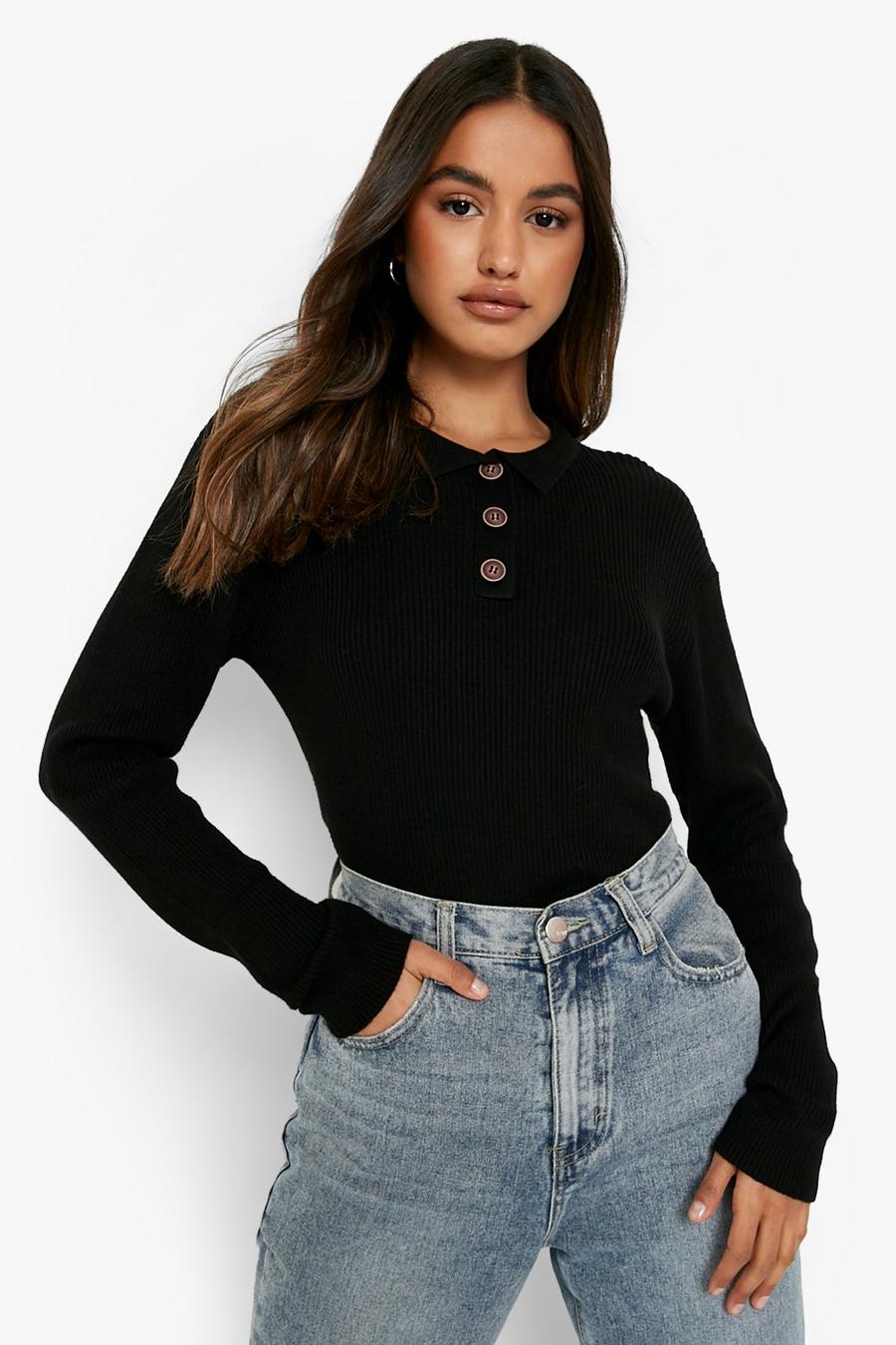 Black Rib Knit Polo Collar Sweater image number 1