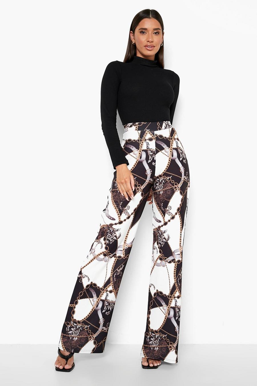 Black Chain Print Crepe Wide Leg Trousers image number 1