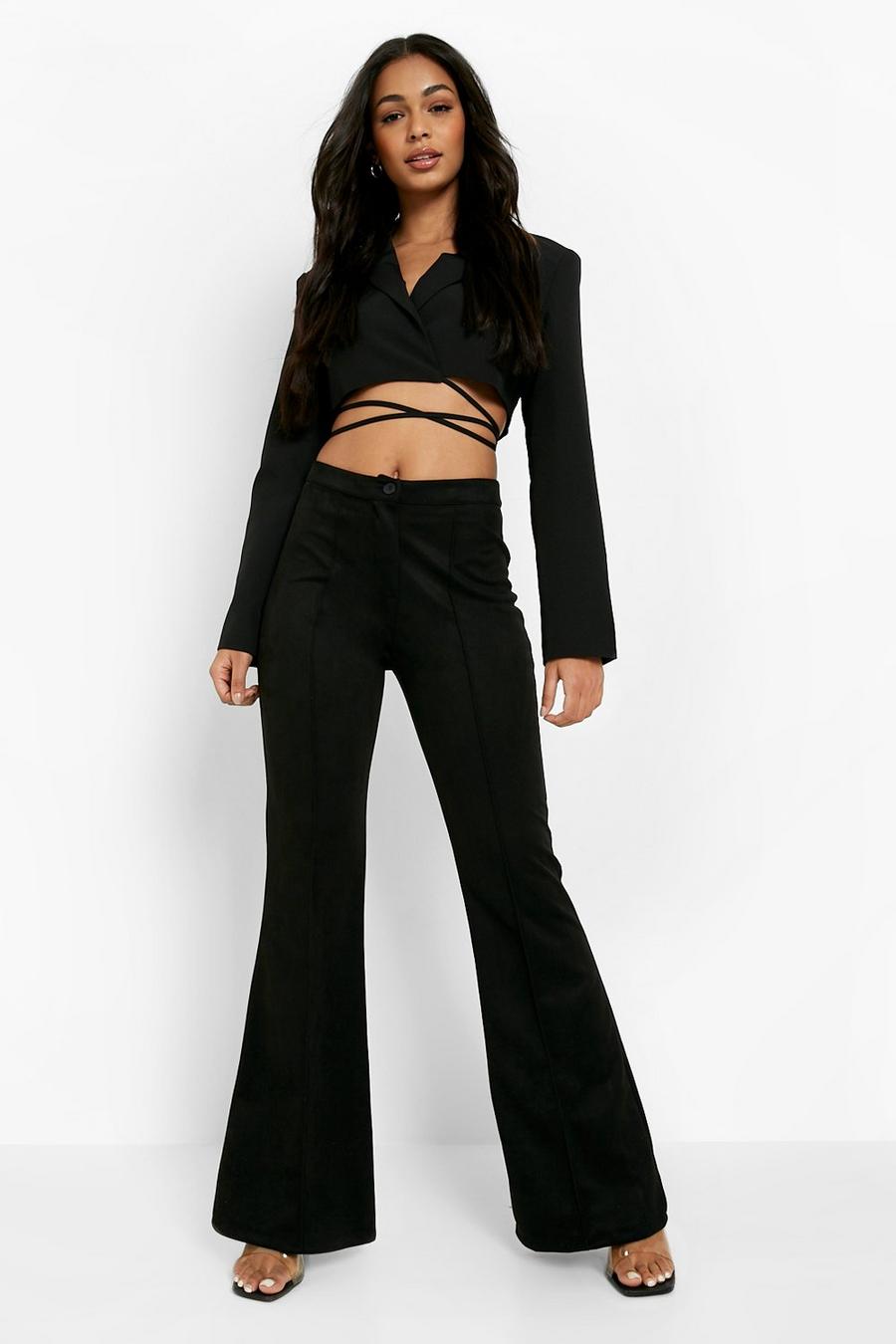Black Seam Front Straight Suede Trousers image number 1