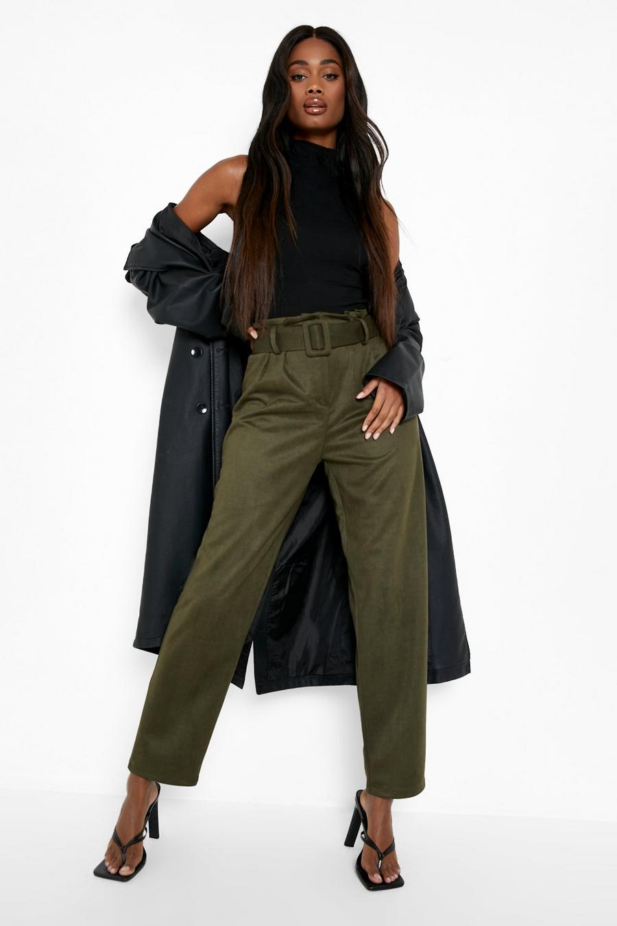 Khaki Belted High Waisted Tapered Suede Pants