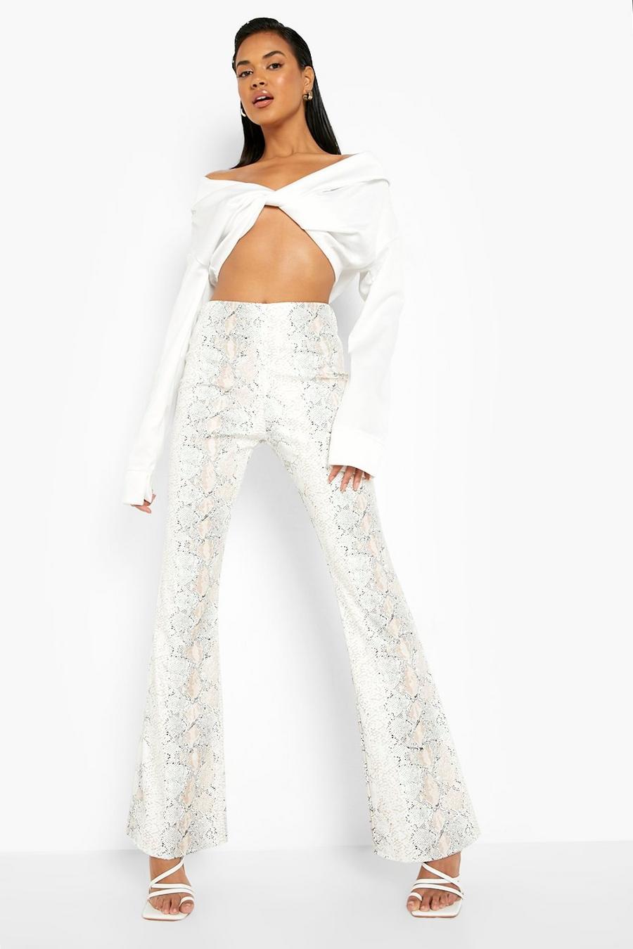 White Snake Print Pu Flared Trousers image number 1