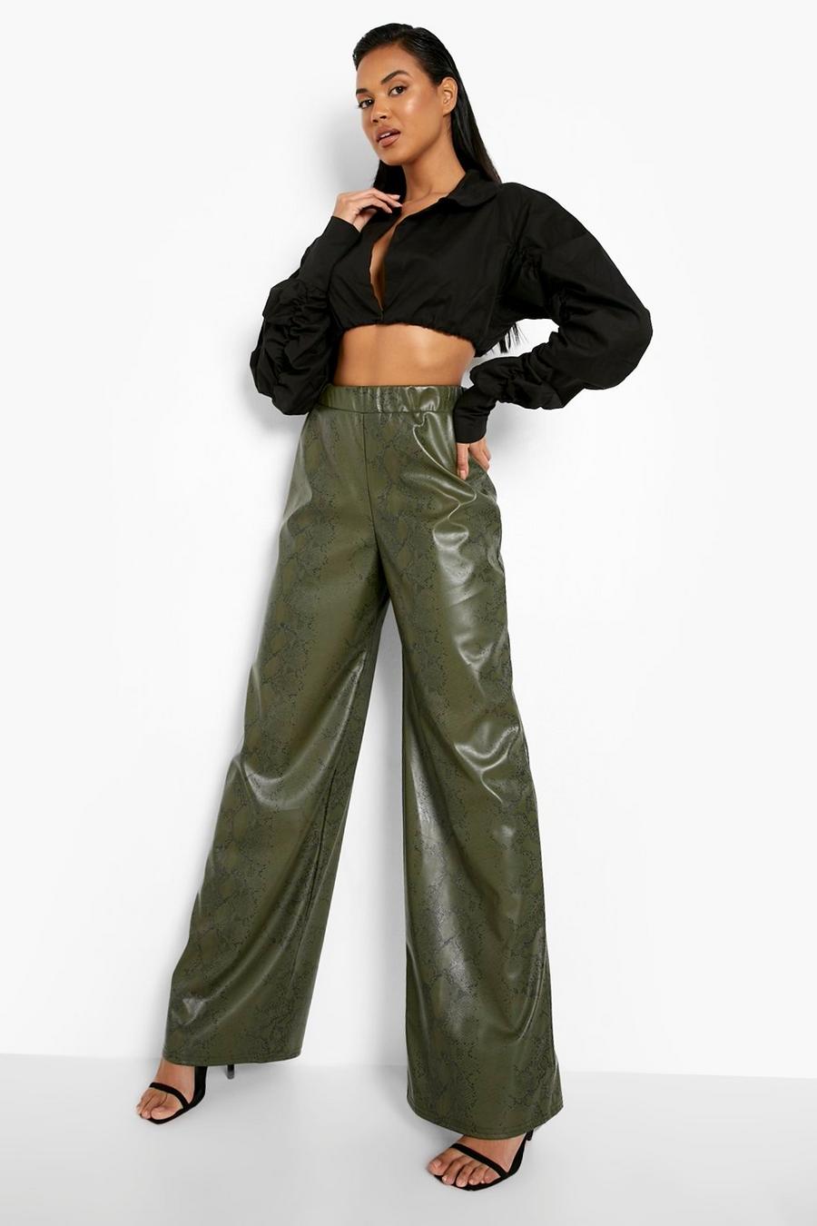 Khaki Snake Print Faux Leather Wide Leg Trousers image number 1