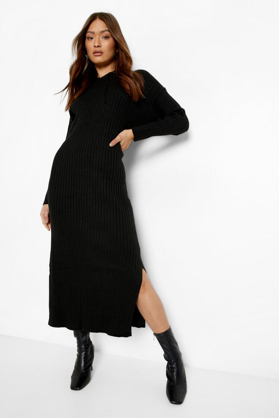 Black Slouchy Hooded Rib Knitted Maxi Dress image number 1