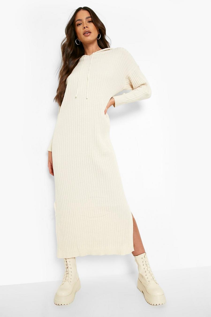 Cream white Slouchy Hooded Rib Knitted Maxi Dress