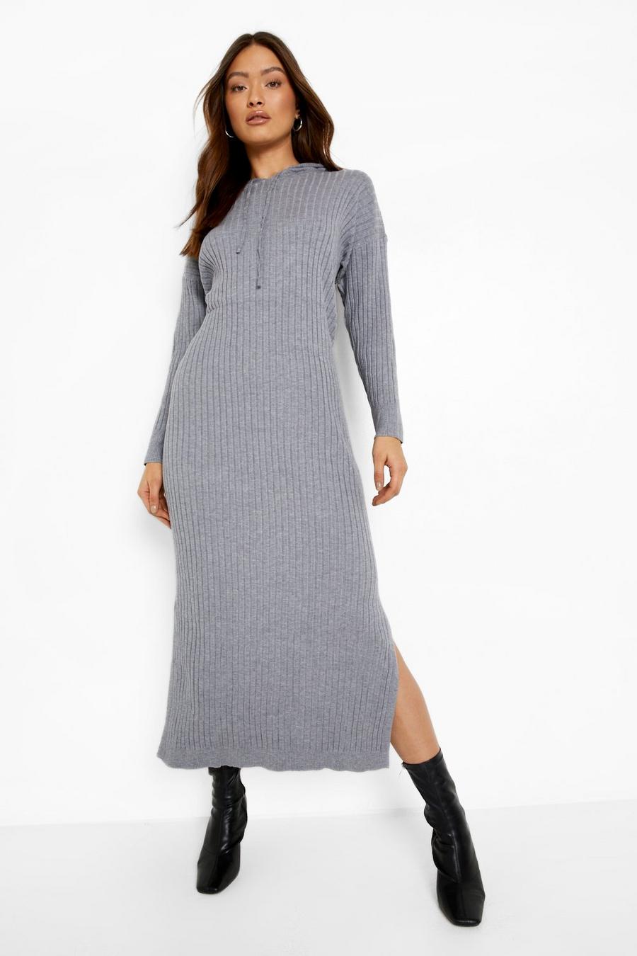 Grey Slouchy Hooded Rib Knitted Maxi Dress image number 1