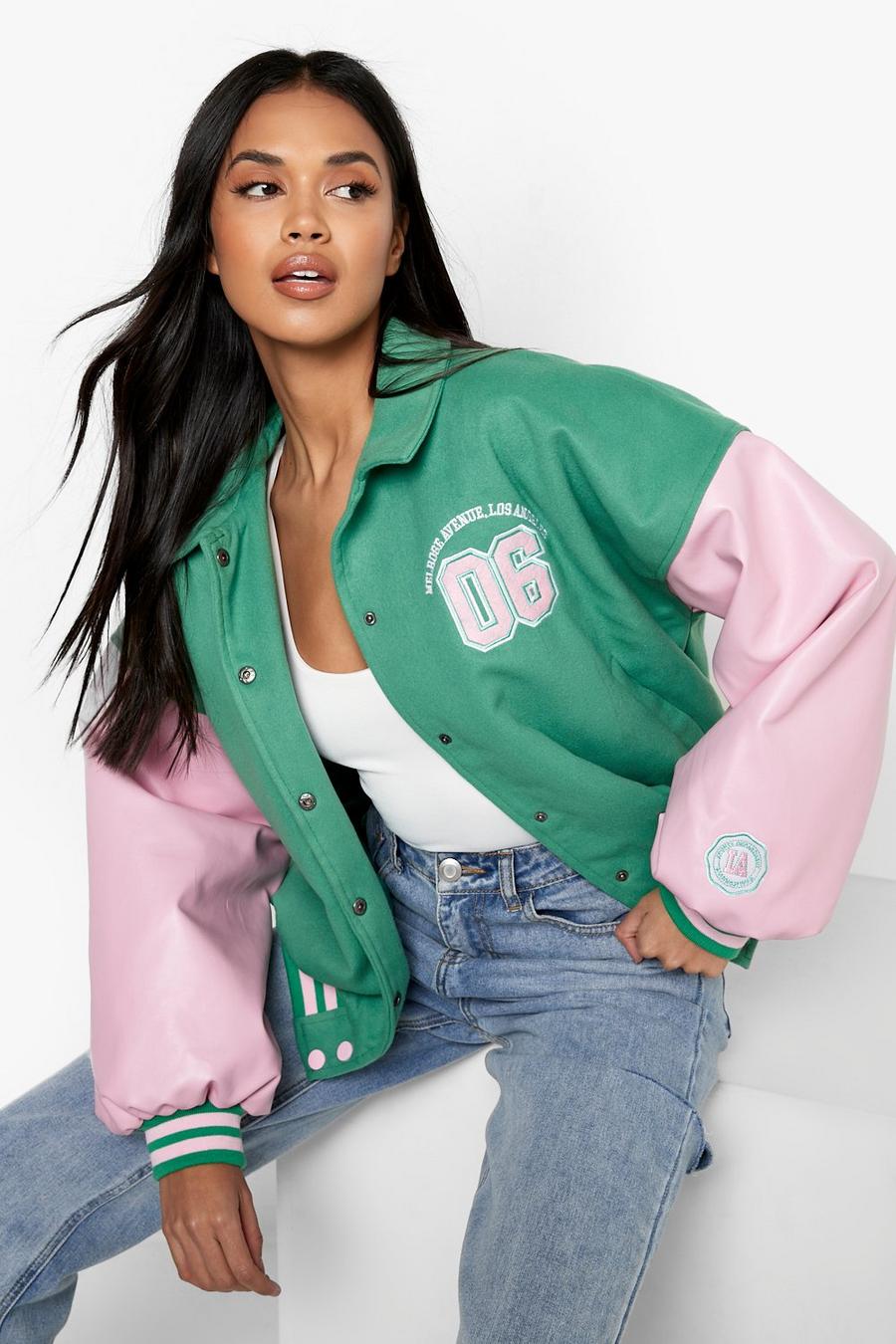 Green Contrast Sleeve Varsity Jacket image number 1