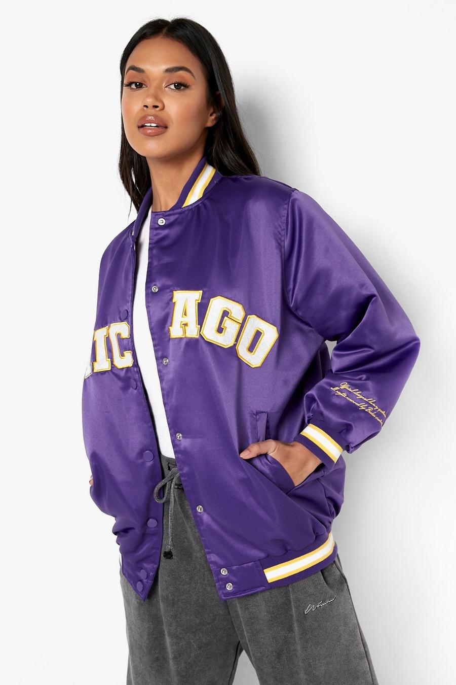 Purple Oversized Satin Chicago Varsity Jacket