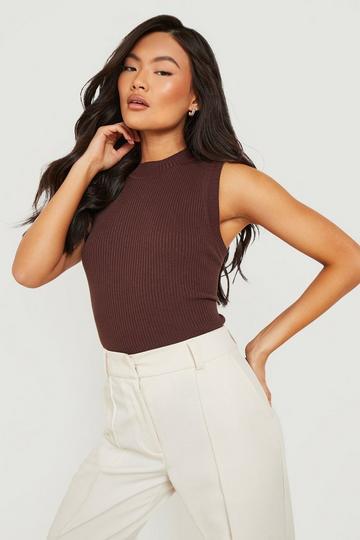 High Neck Rib Knit Crop chocolate