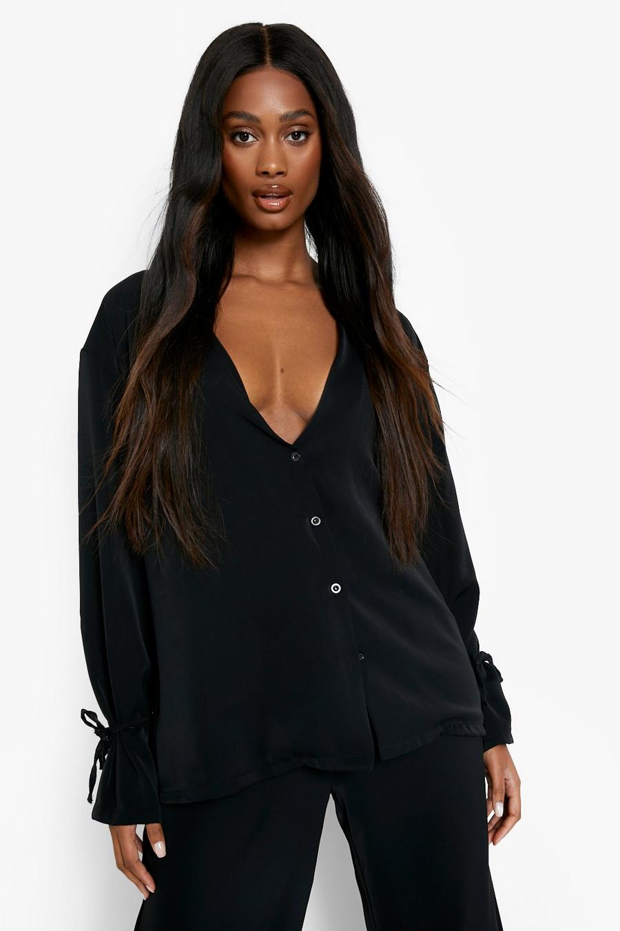 Black Plunge Front Tie Cuff Oversized Shirt image number 1