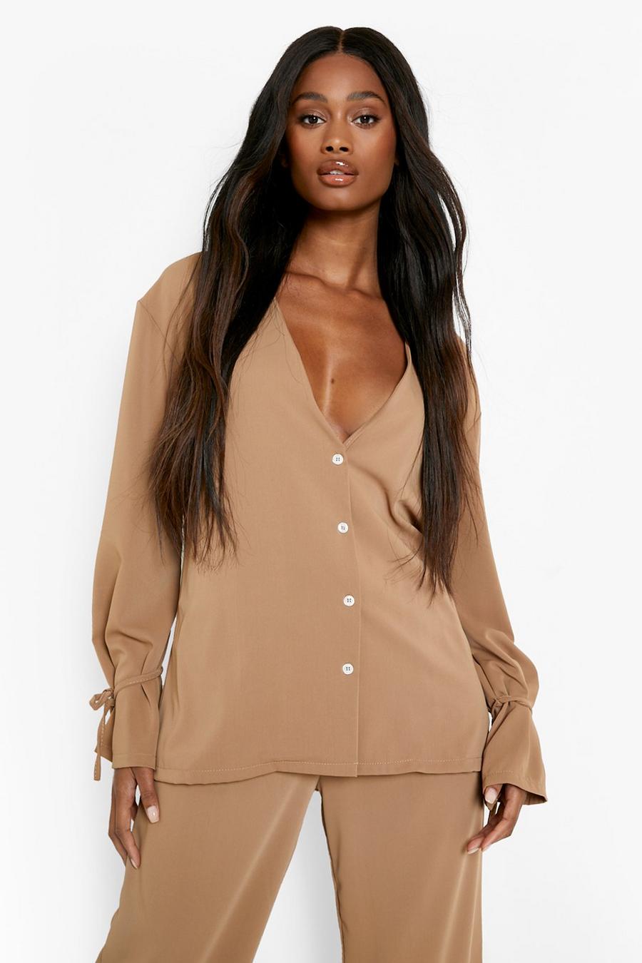 Caramel Plunge Front Tie Cuff Oversized Shirt image number 1
